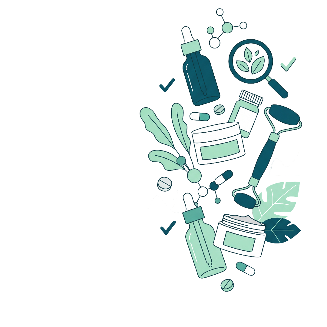 Ilustracja produktów zdrowotnych i beauty, serum, suplementy, kremy, narzędzia pielęgnacyjne